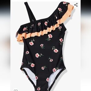 Kanu Surf Girls' Morgan Floral Ruffle 1-Shoulder Swimsuit in Black Size 14